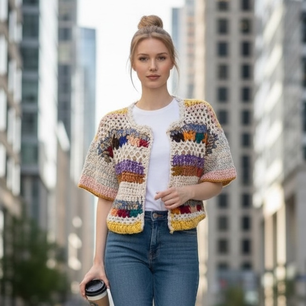 NWT Anthropologie silk rainbow Hand Knit Crochet Crop Cardigan shrug bohemian S